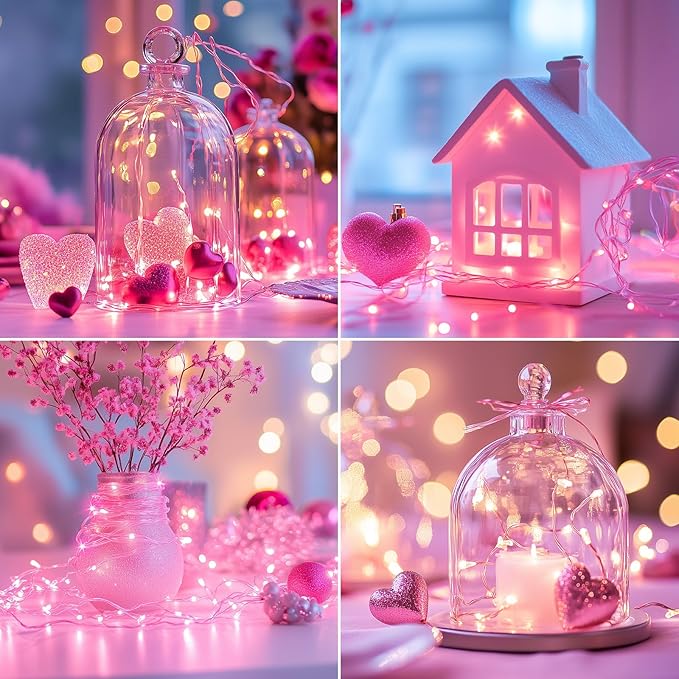 Minetom 6 Pack Fairy Lights Battery Operated String Lights - 7ft 20 LED Waterproof Silver Wire Firefly Lights for Valentine’s Day Decor DIY Crafts Wedding Table Centerpieces, Pink