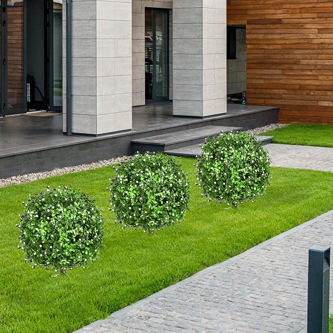 23" Set of 2 Artificial Boxwood Topiary Ball with Spikes Gypsophila Flowers for Outdoor, UV Resistant Faux Greenery Shrubs, Realistic Fake Bushes Plants for Garden, Yard, Front Porch, Patio Decor