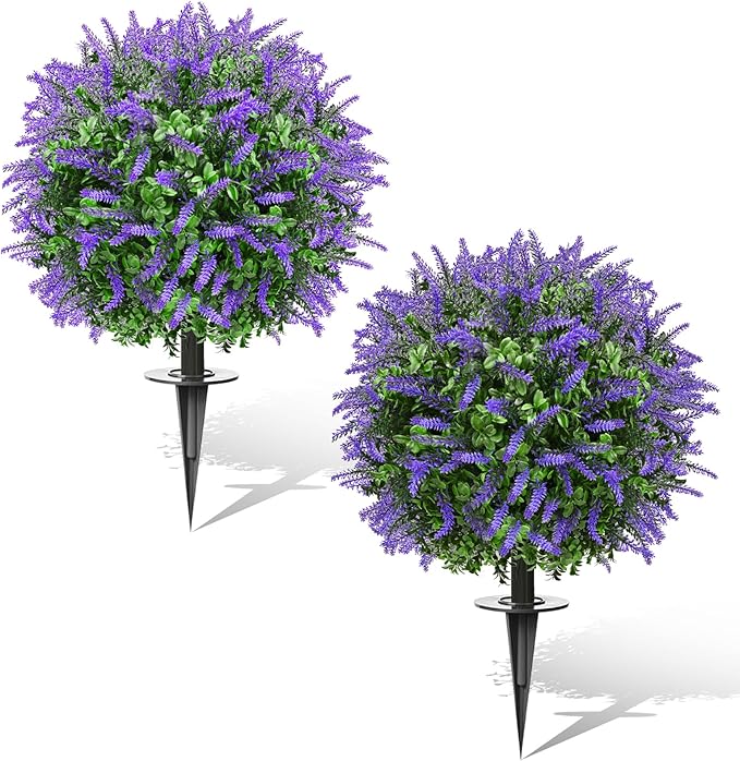 23" Set of 2 Artificial Boxwood Topiary Ball with Sunflower Flowers with Spikes for Outdoor, UV Resistant Faux Greenery Shrubs, Realistic Fake Bushes Plants for Garden, Yard, Front Porch, Patio Decor