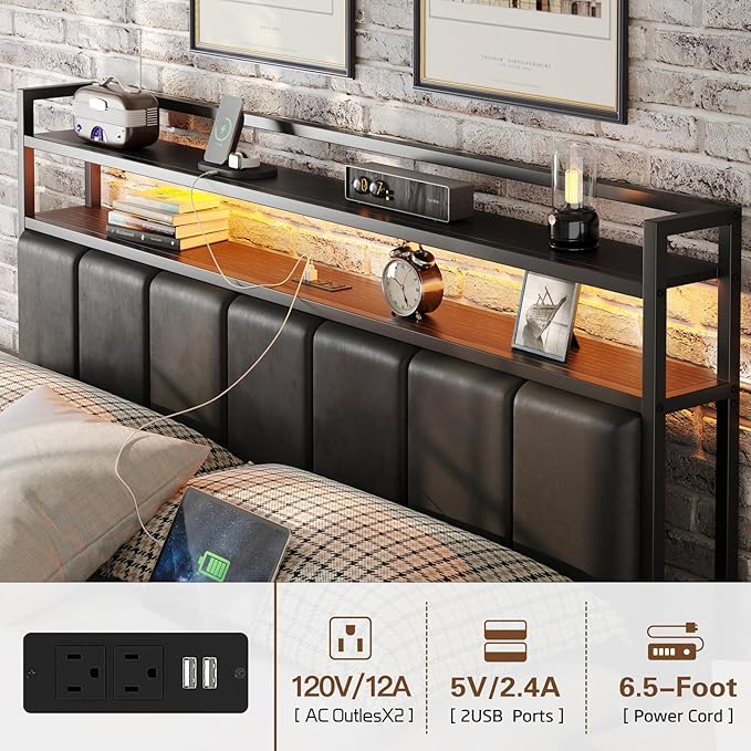 Queen Size Bed Frame with Charging Station and LED Lights, Metal Bed Frame with Headboard, Black Upholstered Headboard with 2-Tier Storage Shelves, Noise Free, No Box Spring Needed