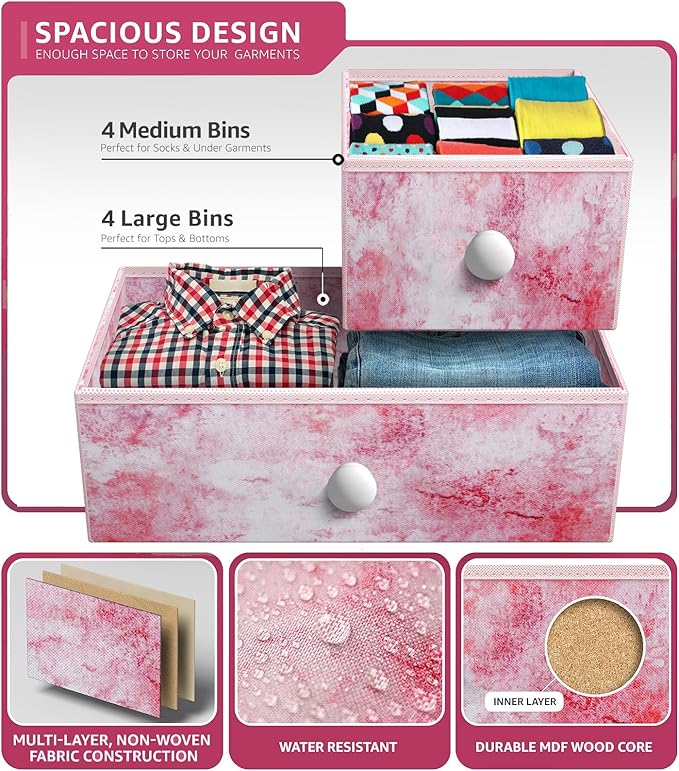 Sorbus Fabric Dresser for Kids Bedroom - Chest of 8 Drawers, Storage Tower, Clothing Organizer, for Closet, for Playroom, for Nursery, Steel Frame, Fabric Bins - Knob Handle (Tie-dye Pink)