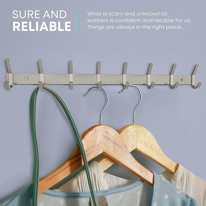 Coat Rack Wall Mount – Brushed Nickel 24 Inch Stainless Steel Hook Rail with 8 Heavy Duty Double Coat Hooks – Wall Mounted Coat Hanger for Entryway, Bathroom, Bedroom, Towel, Hat Organizer - 2 Pack