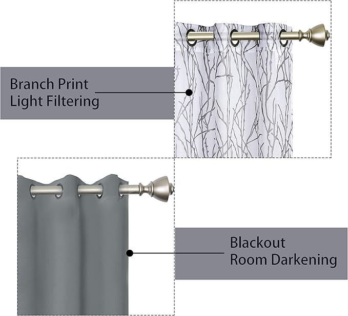 BONZER Mix and Match Curtains - 2 Pieces Branch Print Sheer Curtains and 2 Pieces Blackout Curtains for Bedroom Living Room Grommet Window Drapes, 37x84 Inch/Panel, Light Grey, Set of 4 Panels
