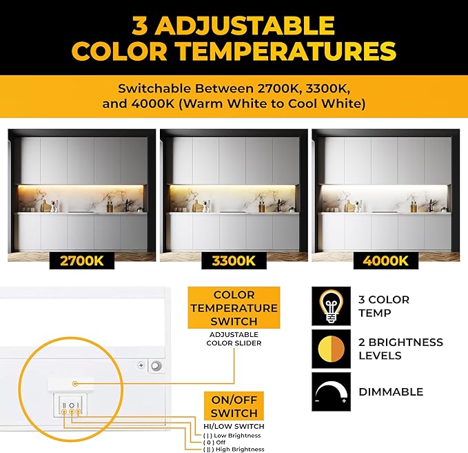 LED Under Cabinet Lighting Hardwired - 3CCT 18 Inch White Finish - Undercabinet Lights for Kitchen - Linkable Undercounter Dimmable Plug in Light or Hard Wired - Under Counter Fixture Direct Wire