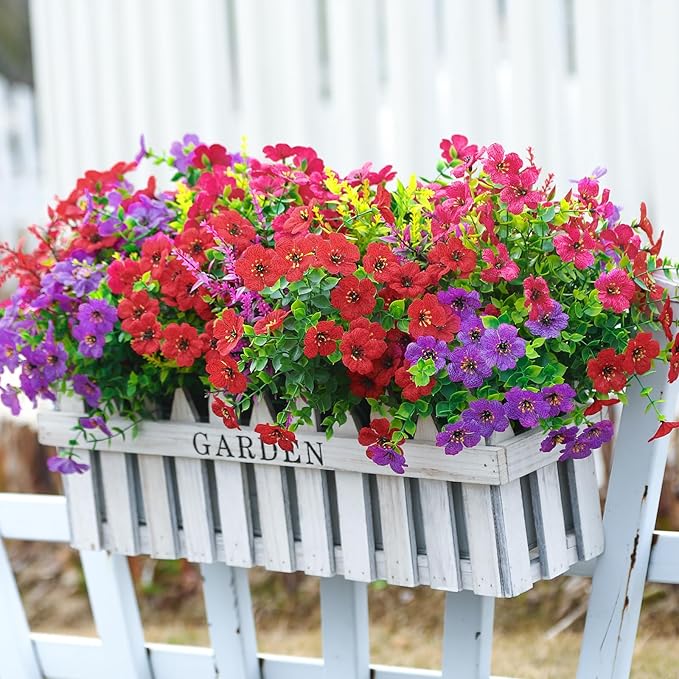 SHareconn 48 Bundles Artificial Flowers for Outdoors Decoration, Faux Plants Fake Silk Colorful Daisy Eucalyptus Lavender, UV Resistant for Outside Home Porch Patio Indoor Spring Decor, Mix 3 Colors