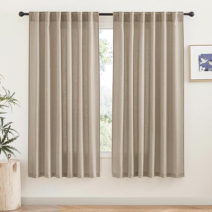 RYB HOME Privacy Semi Sheer Linen Curtains 72 inches Long, Rod Pocket & Back Tab Linen Blend Elegant Light Filtering Privacy Protected Panels for Farmhouse Cottage, Khaki, 52" W, 2 Panels
