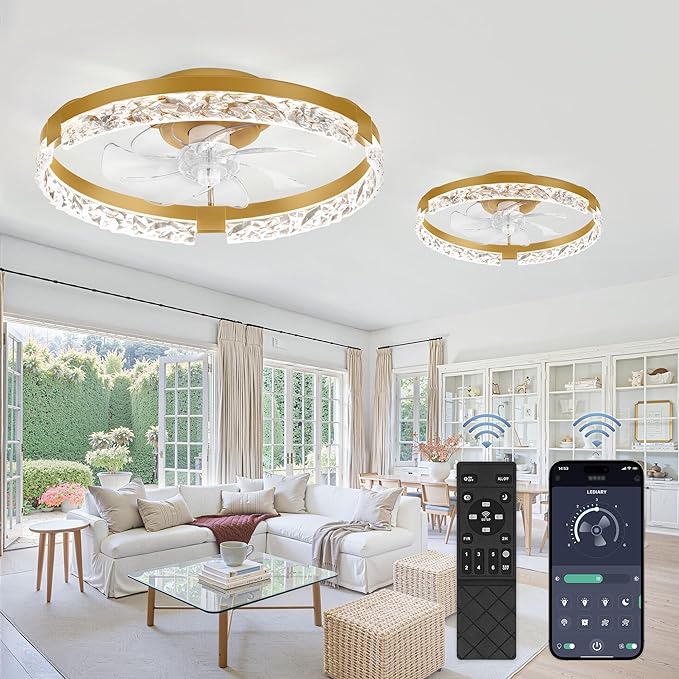 LEDIARY 2 Pack 20 Inch Low Profile Ceiling Fan with Lights and Remote, Dimmable Fandelier Ceiling Fans, Gold Modern Flush Mount Ceiling Fan with 3 Color Temperature Change and 6 Speeds