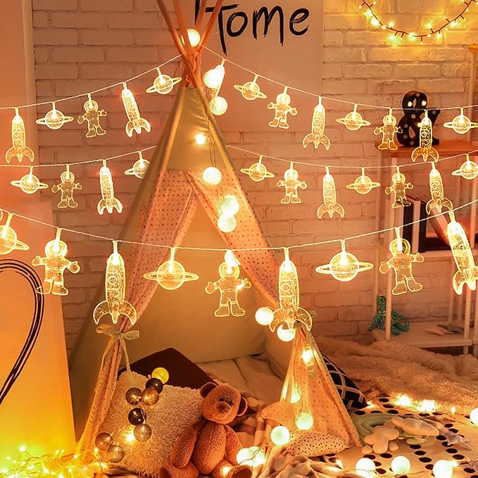 20 LED Children's Room LED String Light Astronaut Spaceship Rocket Pendants Holiday Party Lights Wall Window Nursery or Kids room Decor Wedding Around the Garden Party Patio Christmas (Warm White)