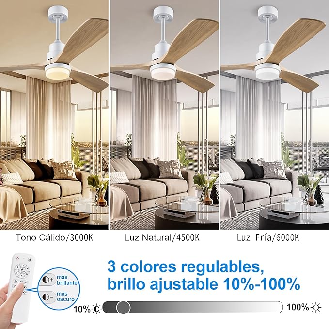 BOJUE 60 Inch Ceiling Fans with Lights and Remote Control, Dimmable LED Light, Indoor Outdoor Wood Ceiling Fan with 3 Blades for Patio, Living Room, Bedroom, Office, Summer House