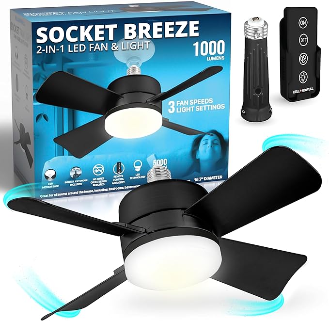 Bell+Howell Socket Breeze Socket Fan Light with Remote, Portable Small Ceiling Fans with Lights for Bedroom, Kitchen, Living Room, Ceiling Fan with Light 3500K, 1000 Lumens, Screws into E26/E27