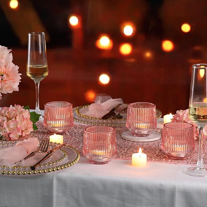 12 Pcs Large Pink Candle Holder- 3.15"×3.15" Ribbed Pink Vorive Candle Holders for Pink Bridal Shower Decorations, Girl Baby Shower Decorations, Pink Glass Candle Holder for Table Centerpiece
