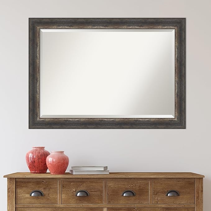 Amanti Art Brown Bathroom Mirror for Over Sink, 29x41 Bark Rustic Char Rectangle Vanity Mirror, Large Country Rustic Frame, Hangs Horizonally and Vertically, Bathroom Wall Decor, Beveled Edge