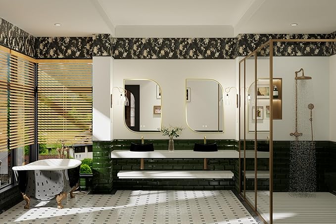 22x32 Inch LED Bathroom Mirror with Lights, Adjustable 3000K/4500K/6000K, Irregular Gold Frame Lighted Bathroom Vanity Mirror, Anti-Fog, Stepless Dimmable, Wall Mounted