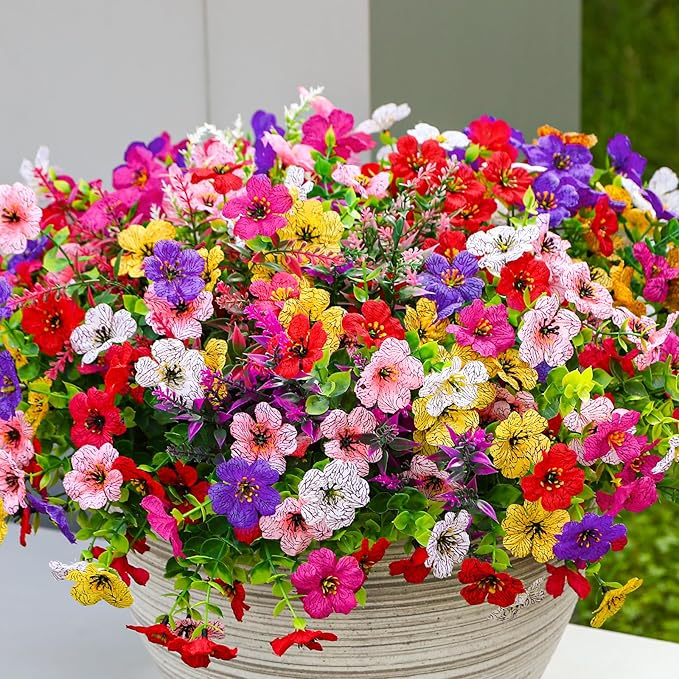 SHareconn 36 Bundles Artificial Flowers for Outdoors, Faux Plants Fake Silk Colorful Daisy Eucalyptus Lavender, UV Resistant for Outside Home Porch Patio Spring Decor, RedRosyPurpleYellowPinkWhite