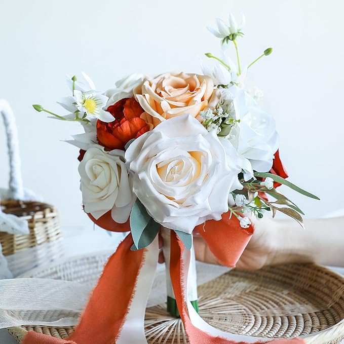 ponatia Burnt Orange Wedding Bouquets for Bride Bridesmaid, Cream Artificial Roses Flowers for Bride Bouquets Ceremony, Anniversary