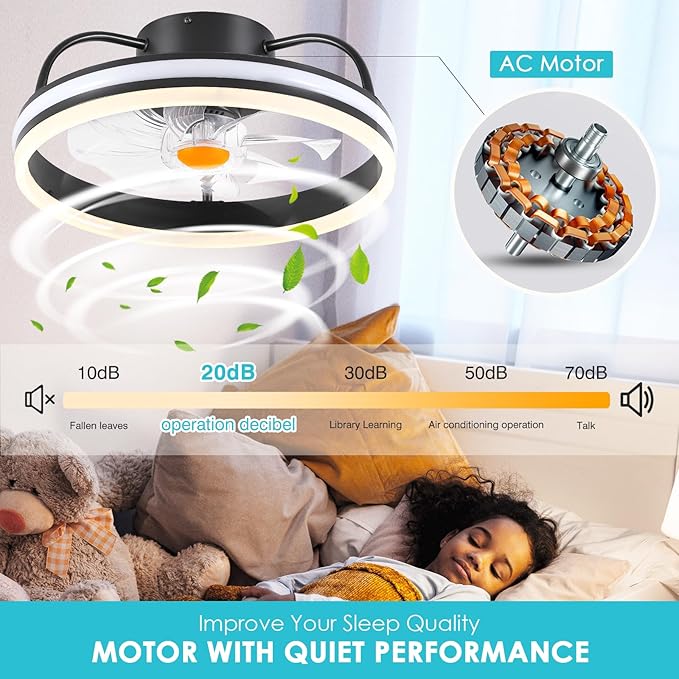 Ceiling Fan-Low Profile Ceiling Fan with Light - Modern Flush Mount Ceiling Fan,16" RGB Dimmable LED Enclosed Ceiling Fans,Modern Bladeless LED-RGB Ambient Light for Bedroom Kids Room Party（Black）