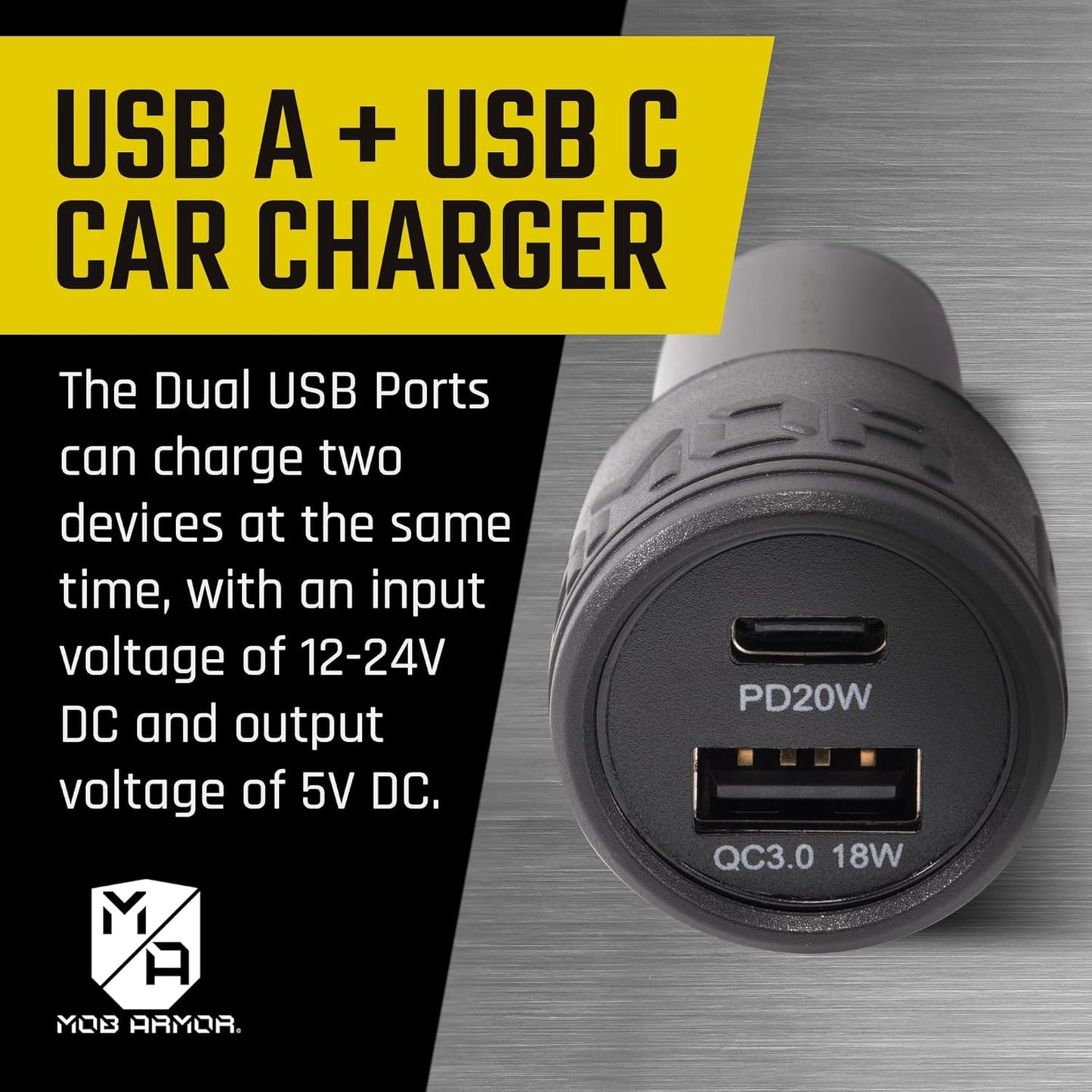 Mob Armor 38W Dual USB Quick-charge USB A + USB C Car Charger - Fast Charging Adapter for Car Phone Charger - Black