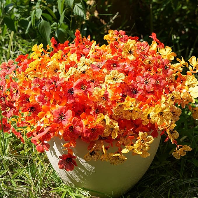 Artificial Flowers for Outdoor, UV Resistant Fake Silk Flowers, Realistic Faux Plants for Outside Indoor Porch Patio Window Box Planter Home Decor (16, Fall OrangeRed Yellow)