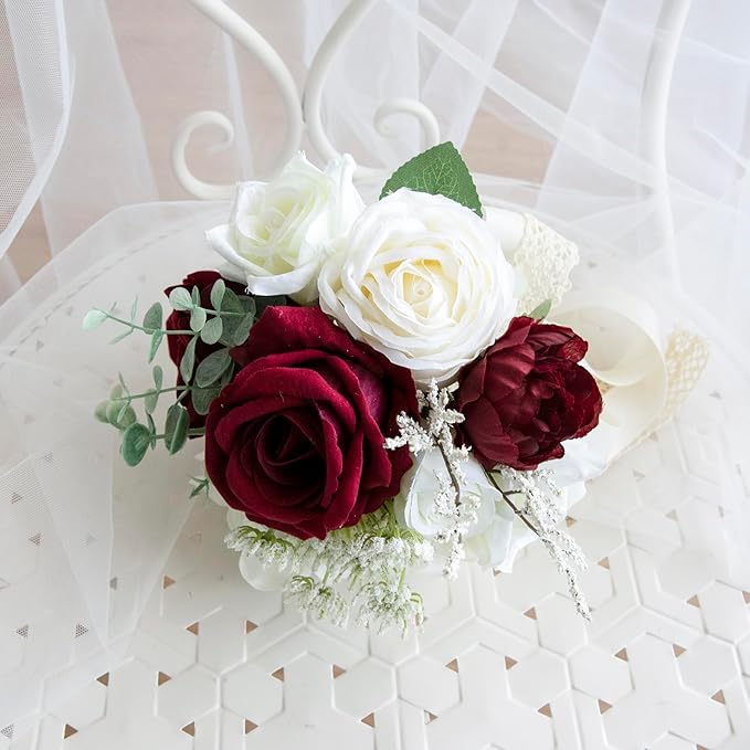Wedding Bouquets for Bride Bridesmaid, Artificial Burgundy Champagne Bride Flower Bouquet for Wedding Church Decoration Ceremony, Anniversary, etc, Roses Flowers