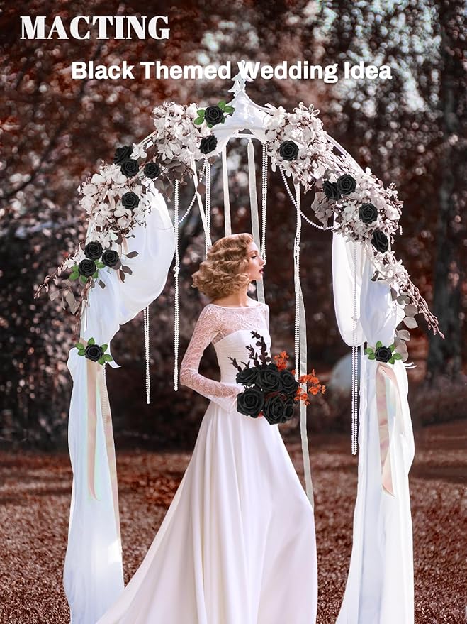 MACTING 60PCS Black Artificial Flowers Real Touch Fake Flowers with Stem Foam Roses for DIY Wedding Bouquets Table Centerpieces Bridal Shower Party Holiday Home Halloween Decorations