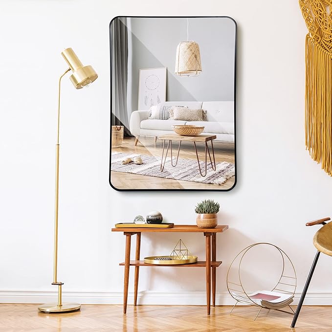 SUPER DEAL 24x36 Inch Black Wall Mirror for Bathroom, Stainless Steel Metal Frame with Rounded Corner, Rectangular Bathroom Entryways Decor Vanity Mirrors Wall Mounted