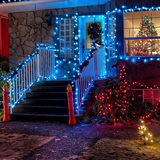 Dazzle Bright C9 Christmas String Lights, 100 LED 66 FT Waterproof Connectable Green Wire Fairy Lights, Christmas Lights for Indoor Outdoor Home Garden Yard Xmas Tree House Decorations (Blue)