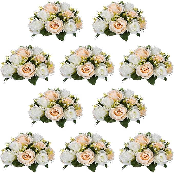 Pcs of 10 Fake Flower Ball Arrangement Bouquet,15 Heads Plastic Roses with Base, Suitable for Our Store's Wedding Centerpiece Flower Rack for Parties Valentine's Day Home Décor (Champagne & White)