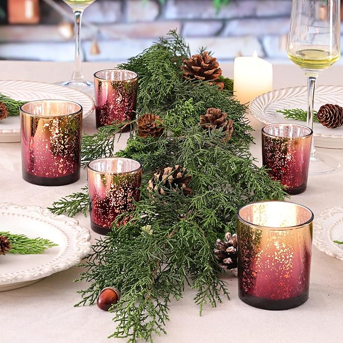 Volens 12pcs Assorted Burgundy Votive Candle Holders, Large Speckles Mercury Glass Votive & Tealight Candle Holder Bulk for Wedding Table Centerpiece, Burgundy and Gold Themed Party Decorations
