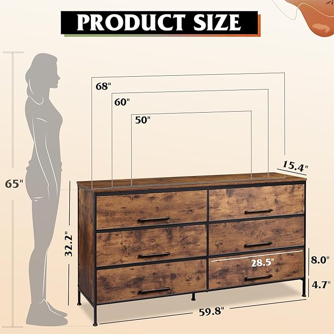 WLIVE Wide TV Stand for 60, 65, 70 inch TV, Large Entertainment Center with 6 Fabric Drawer, TV Media Console Table with Wood Top, Adjustable Feet for Living Room, Hallway, Rustic Brown