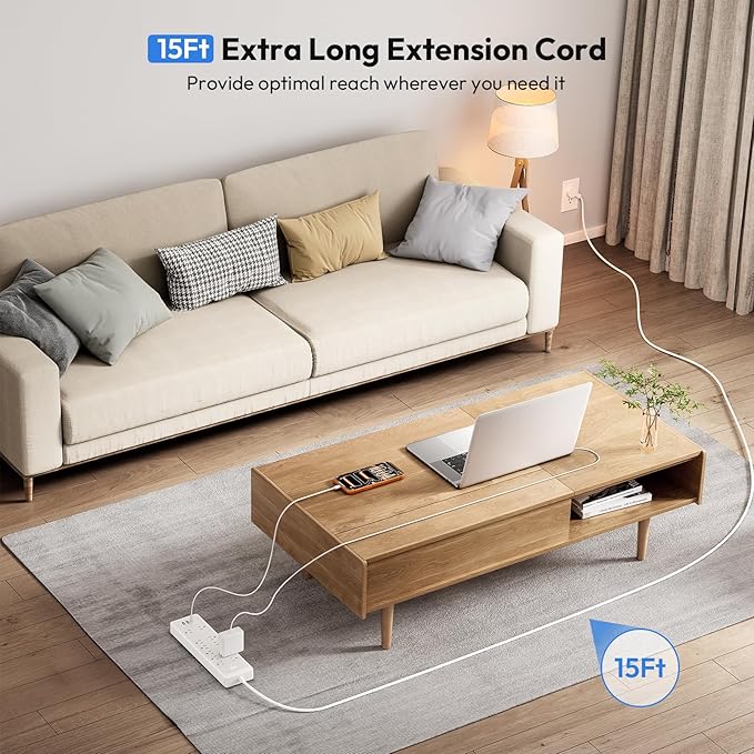 15 ft Extension Cord Flat Plug Power Strip, NTONPOWER 2100 Joules Surge Protector with 12 Outlet 3 USB Port, 1875W/15A, Overload Protection, Long Cord Wall Mountable for Home Office Accessories, White