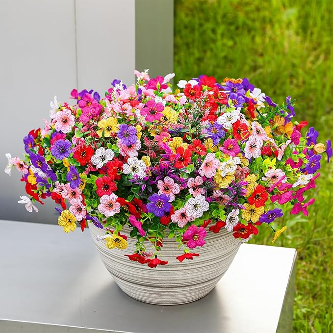 SHareconn 24 Bundles Artificial Flowers for Outdoors, Faux Plants Fake Silk Colorful Daisy Eucalyptus Lavender, UV Resistant for Outside Home Porch Patio Spring Decor, RedRosyPurpleYellowPinkWhite