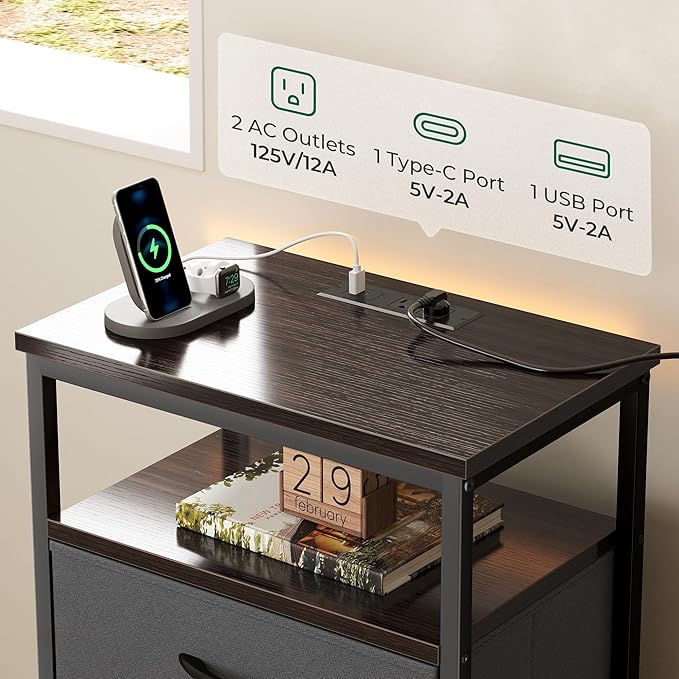 Huuger 5 Drawers Dresser with Charging Station, Dresser for Bedroom, Tall Night Stand, Chest of Drawers with Open Shelf, Bedside Table Nightstand, Fabric, for Entryway, Adult Only, Walnut