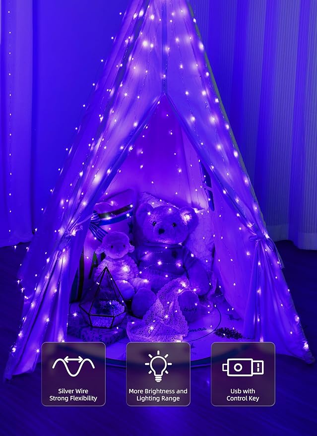 Brightown 300 LED Purple Halloween Fairy Curtain Lights, 9.8ft x 9.8ft Curtain String Lights, USB Plug in 8 Lighting Modes LED Christmas String Hanging Lights with Remote for Bedroom Indoor Weddings