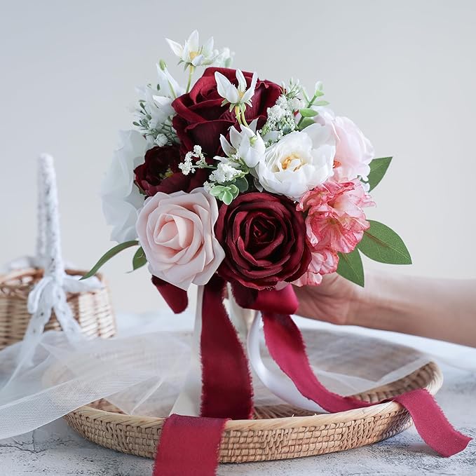 ponatia Burgundy Wedding Bouquets for Bride Bridesmaid, Blush Artificial Prom Flowers Bouquet for Weddings, Ceremony, Anniversary (Burgundy & Blush)