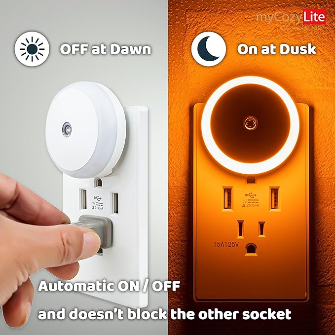 Amber Night Light Plug in, Dusk to Dawn Sensor, Blue Light Blocking, Automatic Nightlight, Energy Efficient, 2 Pack LED Night Lights Plug into Wall, for Bathroom, Bedroom, Kitchen, Hallway, Stairway
