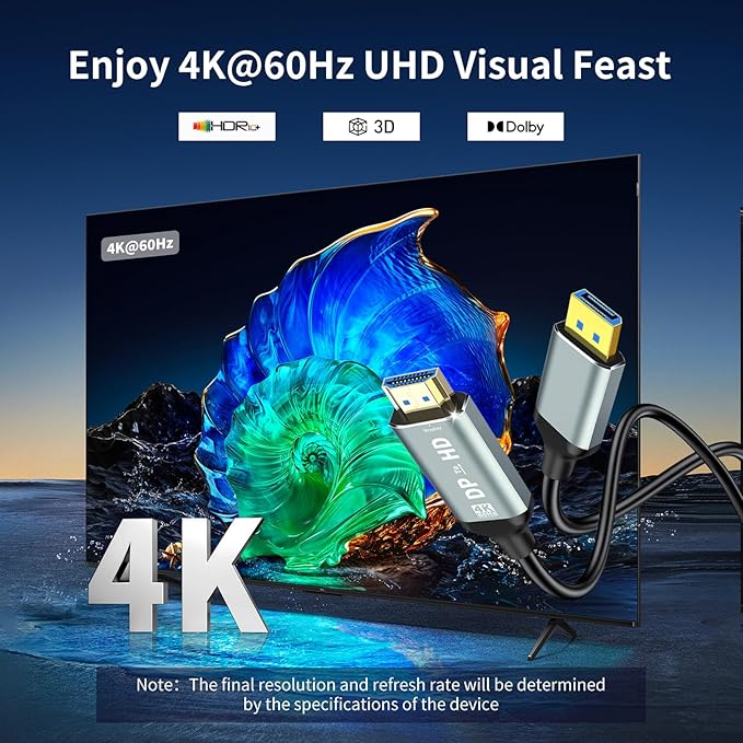 MaxRenard 4K DisplayPort to HDMI Cable | DP1.2 to HDMI 4K 60Hz Audio-Video Sync | SR Anti-Break, Compatible with Dell HP, for HDTV/Monitor/Projector/PC 6FT