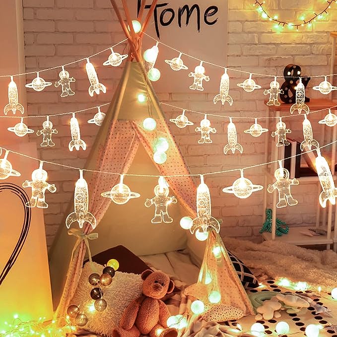 AceList 20 LED Children's Room LED String Lights Astronaut Spaceship Rocket UFO Pendants Light String Holiday Party Lights Wall Window Tree Decorative Lights(Light Warm White)