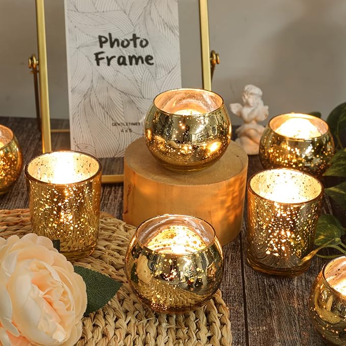 Gold Votive Candle Holders 12Pcs Assorted Gold Mercury Glass Votives Tealight Candle Holders for Table Centerpiece Wedding Bridal Shower Engagement Party Festival Holiday Home Decor