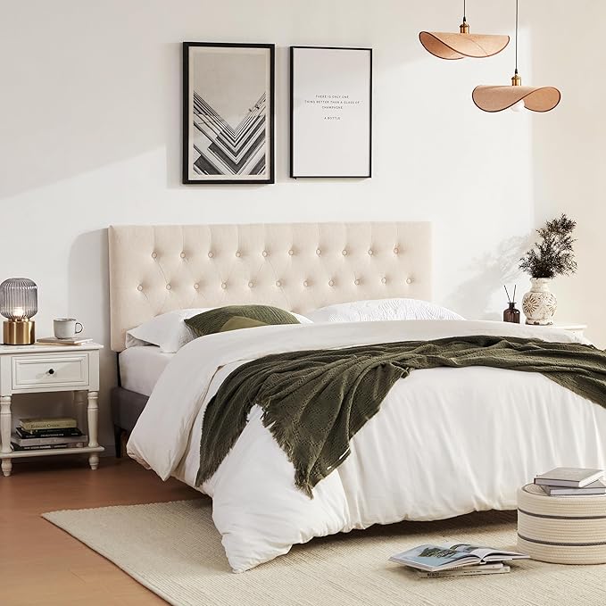 Tufted Upholstered Headboard King Size, Solid Wood Head Board with Durable Metal Legs, Adjustable Height Bed headboard from 37” to 51” Fabric Headboard in Modern Button Design, Beige