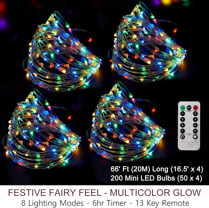 Bright Zeal 66 Ft 200 LED 8 Mode Multi Colored Christmas Fairy Lights Battery Operated with Remote Control Christmas Lights Outdoor Multicolor Waterproof -Twinkle LED String Lights Colorful