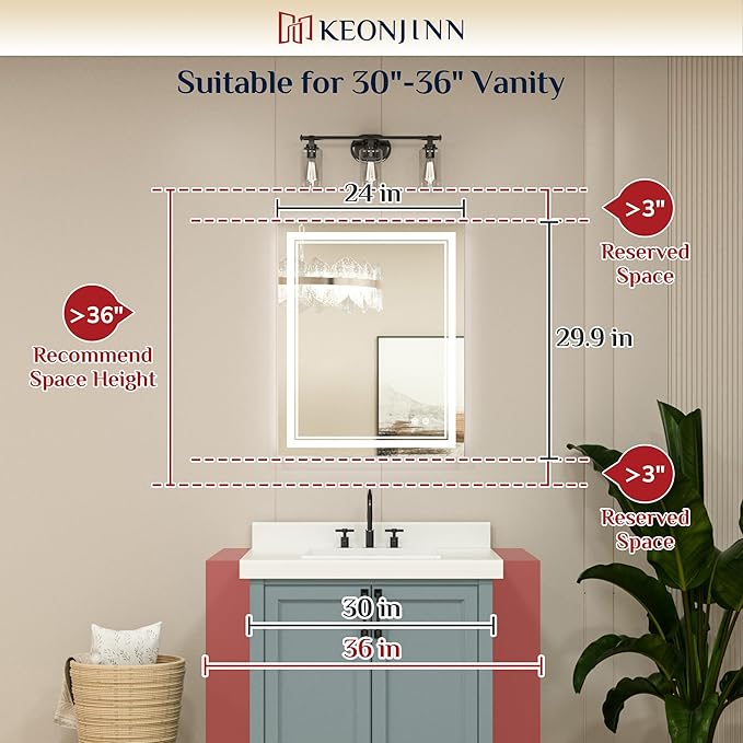 Keonjinn LED Mirror for Bathoom 24 x 30 Inch, Bathroom Mirror with Front Lights, Shatter-Proof Tempered Glass, UL-Listed LED Driver, Anti-Fog, Dimmale 6000K, Easy Installation(Horizontal/Vertical)