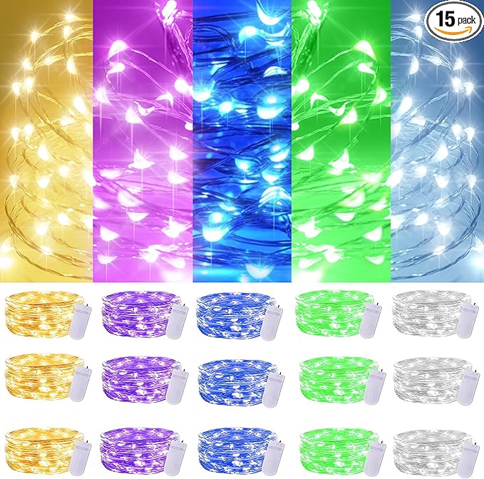 Christmas Fairy String Lights,15 Packs 20 LEDs Battery Operated 6.6FT Silver Copper Wire Starry String Light for DIY Bottle Jars Costume Wedding Party Easter Table Decorations (5 Colors)