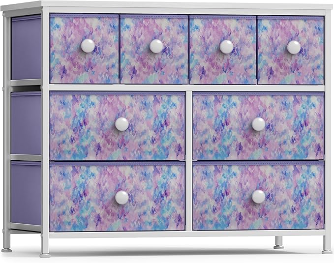 Sorbus Fabric Dresser for Kids Bedroom - Chest of 8 Drawers, Storage Tower, Clothing Organizer, for Closet, for Playroom, for Nursery, Steel Frame, Fabric Bins - Knob Handle (Tie-dye Purple)
