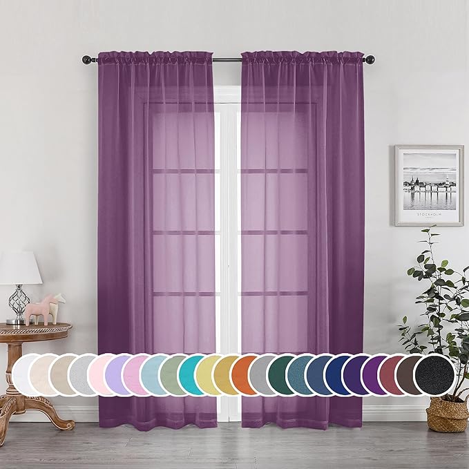 OWENIE Sheer Curtains 72 Inches Long 2 Panels Set, Transparent Light Filtering Plam Sheer Curtain Rod Pocket Clear Drapes for Living Room Bedroom Window Sliding Glass Door, Each 42 x 72 Inch, Plam