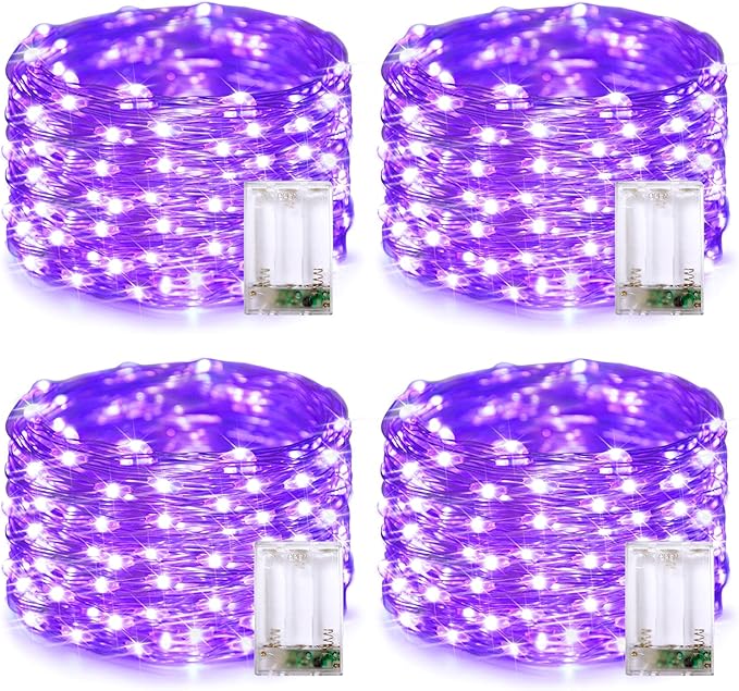 JMEXSUSS 4 Pack 50 LED Halloween Fairy Lights Battery Operated, 16.1ft Purple String Lights, Mini Christmas Lights Indoor Outdoor Waterproof for Bedroom Party Halloween Christmas Decorations