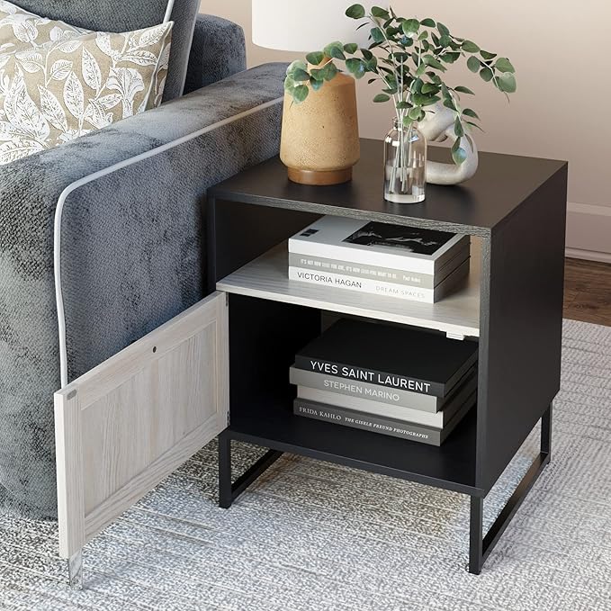 Nathan James Mina Rattan Wood End Side Accent Table Nightstand with Storage, Set of 2, Black Oak/Black