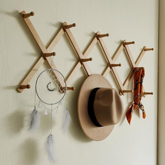 SKOLOO Hat Rack for Wall with 14 Hooks, Solid Wooden, Modern, Expandable Coat Rack Wall Mount for Coats, Hats, Bags, Baseball Caps, Natural Color