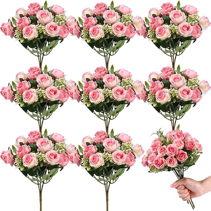 Zeyune 8 Pack 12 Inch Artificial Rose Bouquet Silk Roses Flowers Bunches Bulk Fake Roses for Wedding Bridal Home Office Garden Parties Decoration(Pink)
