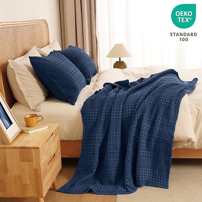 PHF 100% Cotton Waffle Weave Throw Blanket, Soft Lightweight Breathable Cozy Throws for Couch Bed Sofa, Luxury Aesthetic Woven Blanket for Home Decor & Office, 50"x60", Blue Sapphire