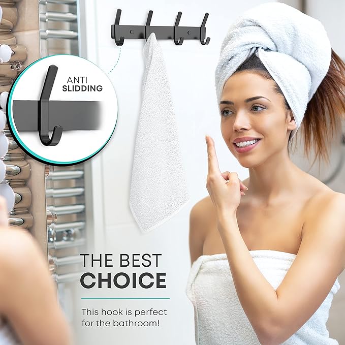 Matte Black Coat Rack Wall Mount – 12 Inch Stainless Steel Hook Rail with 4 Double Coat Hooks – Wall Mounted Entryway Organizer for Coats, Hats, Bags, Towels, Robes, Closet or Bathroom - 2 Pack